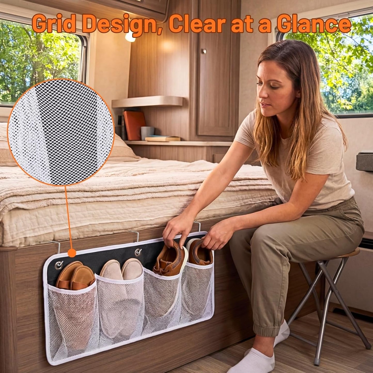 RV Shoe Storage for Bedside - 16 Extra Large Pocket Entryway Shoes Rack | Wall Mounted Bed Hanging Pocket Organizer, Bedside Caddy for Shoes and Tool Accessories, RV & Camper Essentials 2 Pack