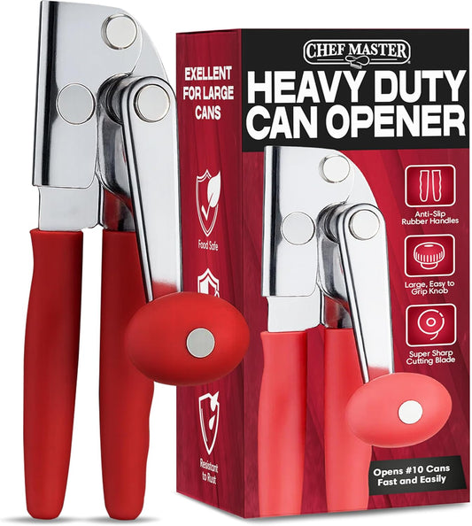 Chef Master Commercial Can Opener Heavy Duty - Manual Hand Crank for Large Cans with Anti-Slip Grip - Stainless Steel Restaurant Can Opener Manual for Seniors, Kitchen, Bars & Food Trucks - 90056