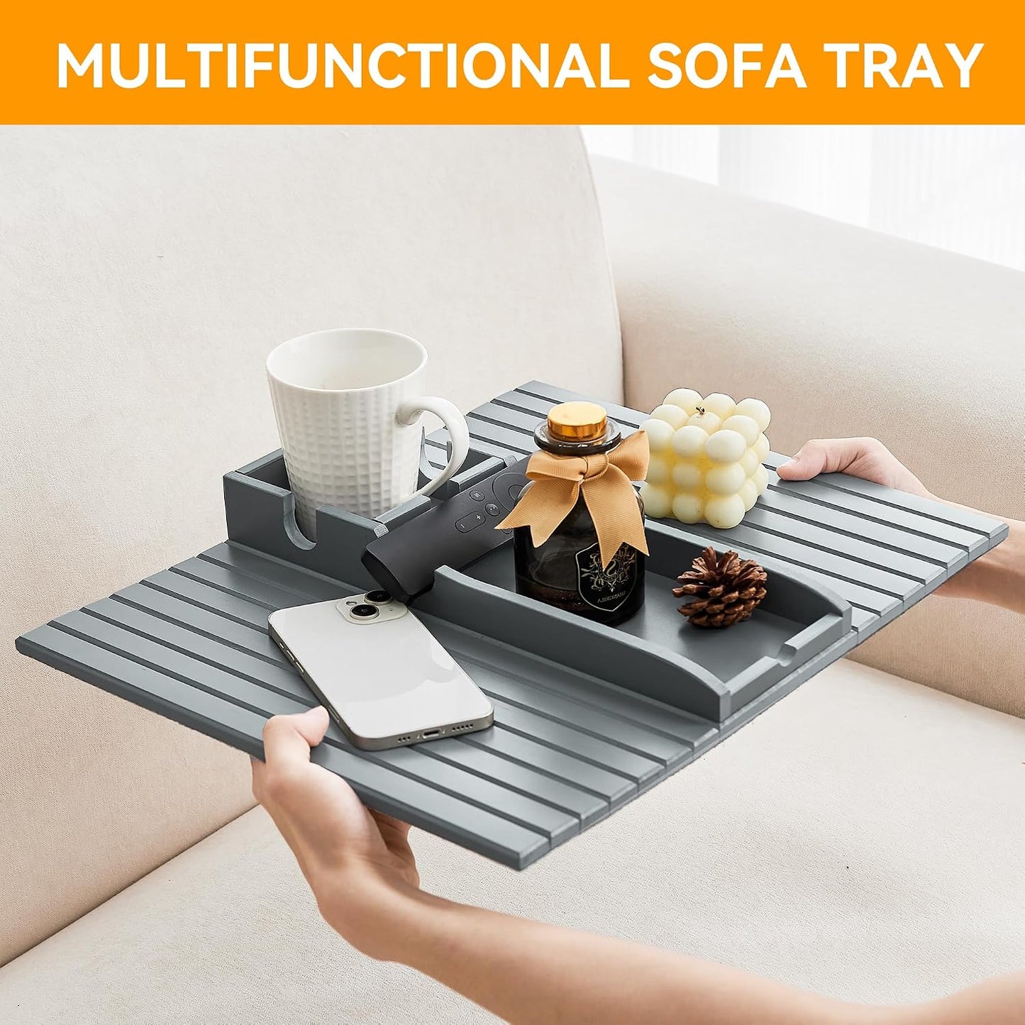 GEHE Bamboo Couch Cup Holder, Anti-Spill Sofa Arm Tray, Natural and Easy to Clean Couch Arm Cup Holder Armrest Tray Perfect for Cups, Beers, Snacks, Remote Control, Drinks