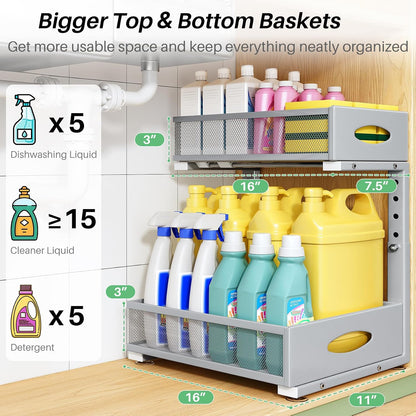 Under Sink Organizer, 2-Pack Pull Out Cabinet Organizer 2 Tier Metal Slide Out Storage Shelf Rack, L-Shaped Adjustable Height,Mesh Sliding Drawer for Kitchen, Bathroom, Laundry, Pantry, White, XL