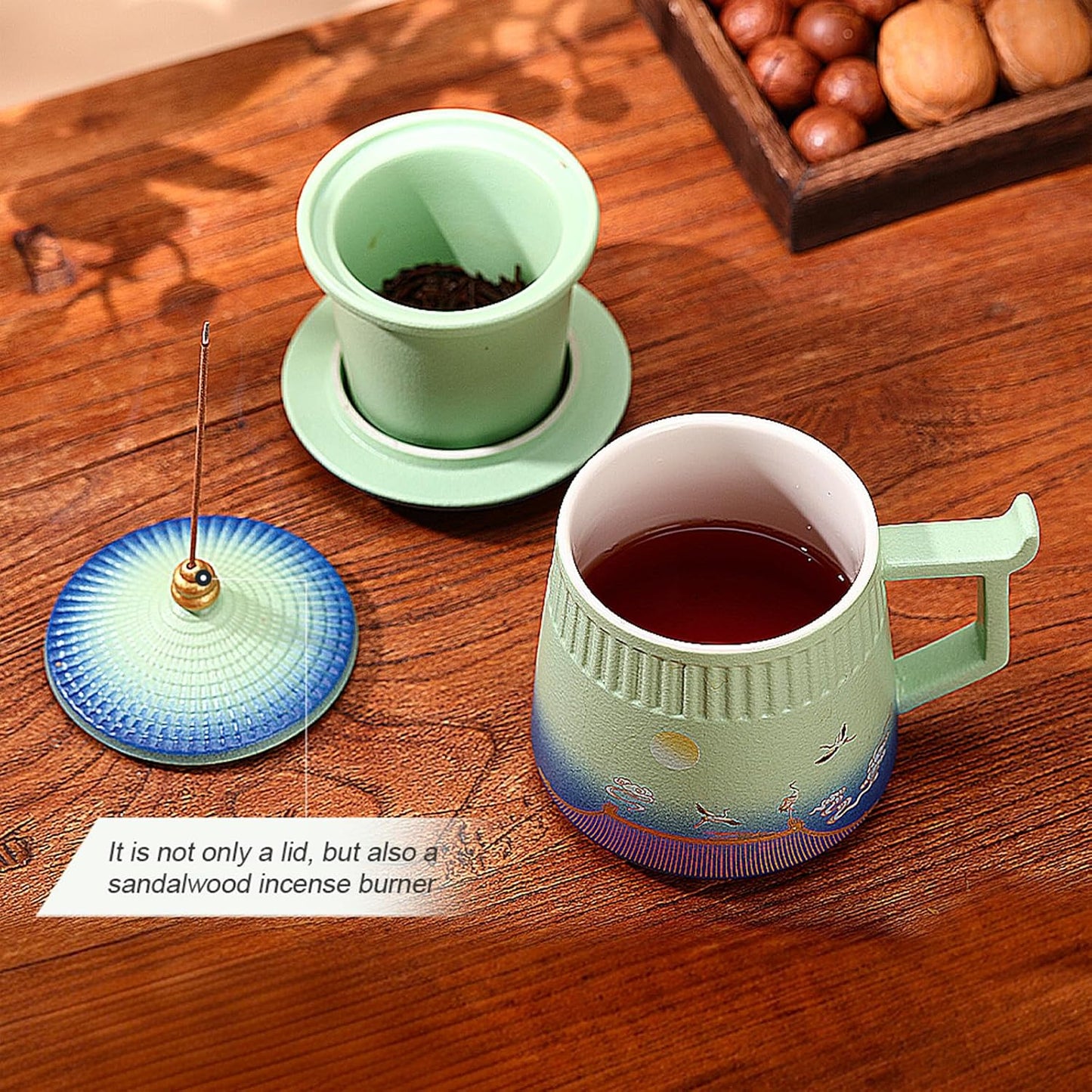 Loose Leaf Tea Cup with Infuser and Lid, 14.8oz Chinese Ceramic Mug with Fine Mesh Strainer, Office Steeping Cup for Tea Lovers Gifts
