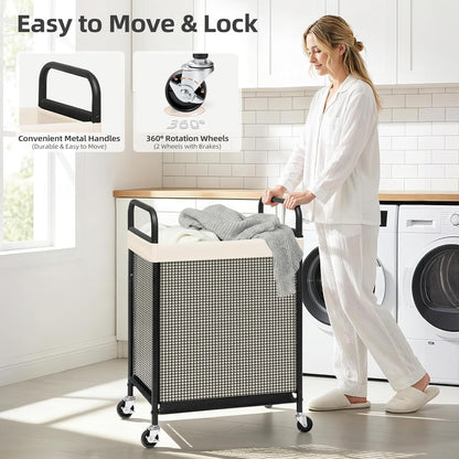 STORAGE MANIAC Rolling Laundry Hamper with Wheels 2-Section Laundry Sorter Rolling Laundrys Basket on Wheels with Removable Bag Clothes Hamper Laundrys Organizer Cart Bathroom Bedroom 100L Beige