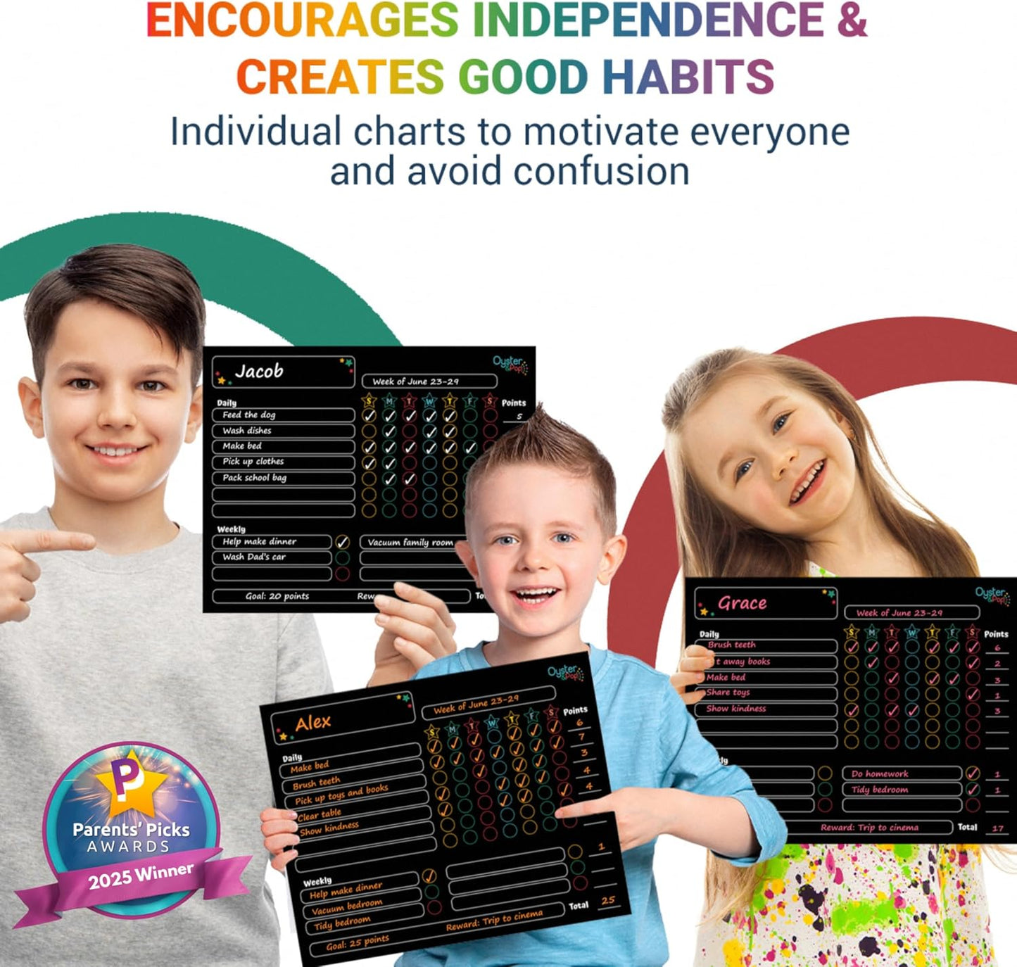 Oyster&Pop Black Chore Charts for Multiple Kids - 3 Pack Magnetic Dry Erase | Build responsibility, independence and routines - give kids and teens their own black magnetic board and weekly rewards