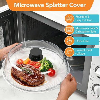 10 inch Glass Microwave Cover for Food,2-in-1 Microwave Splatter Cover with Silicone Pad, Microwave Plate Lid with Vent Holes & Easy-Grip Handle