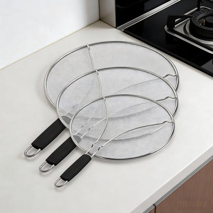 Stainless Steel Splatter Guard Fine Mesh For Pots Frying Pans(15in) | Rust-proof metal mesh blocks oil splashes while venting steam, heat-insulated grip, dishwasher safe, hangable flat storage