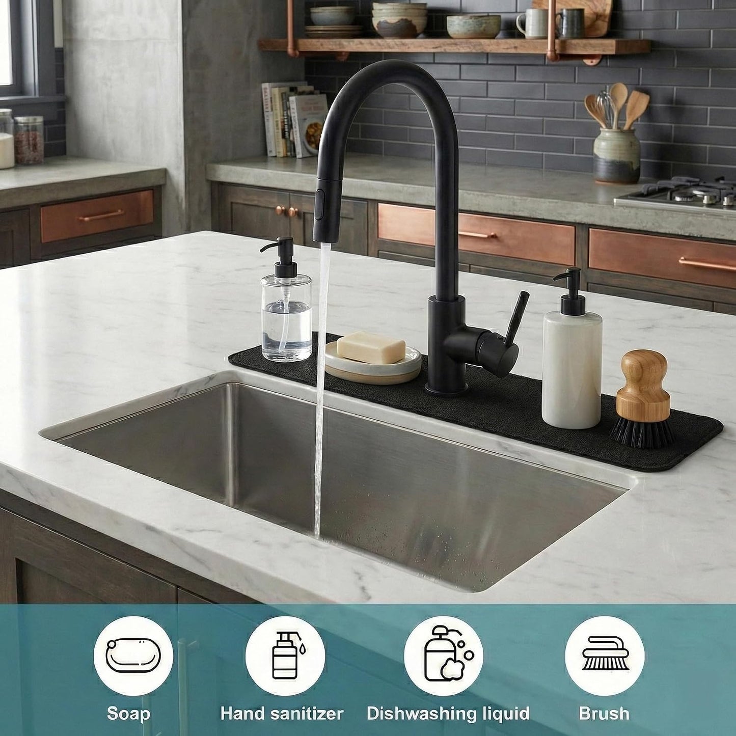 33 Lx5.5 W Long Kitchen Sink Faucet Mat: Customizable Black Splash Guard with Pre-Cut Center Hole for Large Double bowl Sink, DIY to Fits irregular & 2, 3, 4 hole sinks with Soap Dispenser & Air Gap