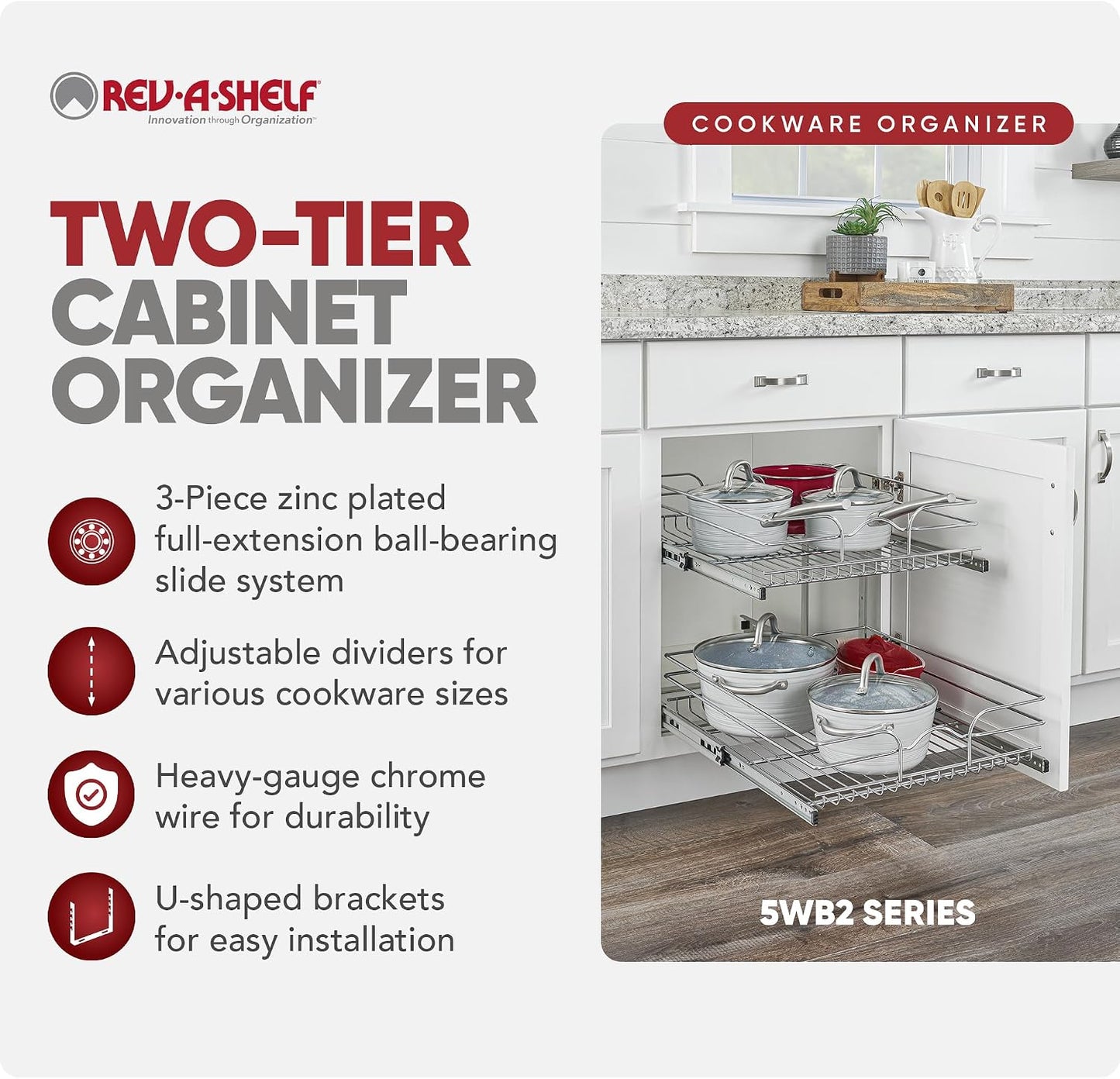 Rev-A-Shelf Pullout Organizer for Cabinets, Min Opening Width of 18" | STwo-Tier Steel Shelf for Kitchen or Vanity Cabinet Organization, Heavy Gauge Wire Slide Out Storage Basket, 5WB2-1822CR-1