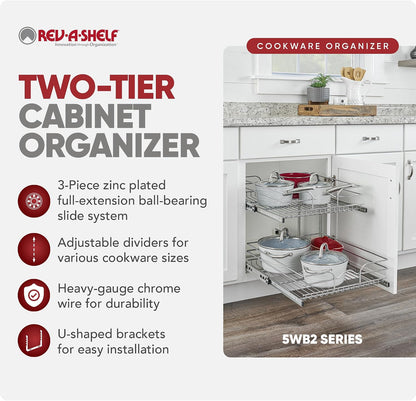 Rev-A-Shelf Pullout Organizer for Cabinets, Min Opening Width of 18" | STwo-Tier Steel Shelf for Kitchen or Vanity Cabinet Organization, Heavy Gauge Wire Slide Out Storage Basket, 5WB2-1822CR-1