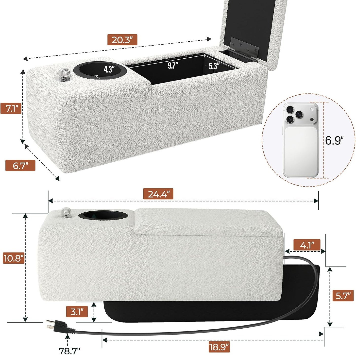 Couch Caddy with Cup Holder, 20.3 Inch White Armrest Console | Removable Sofa Armrest Organizer with Charging and Phone Holder, Storage for Remotes, Snacks and Everyday Essentials