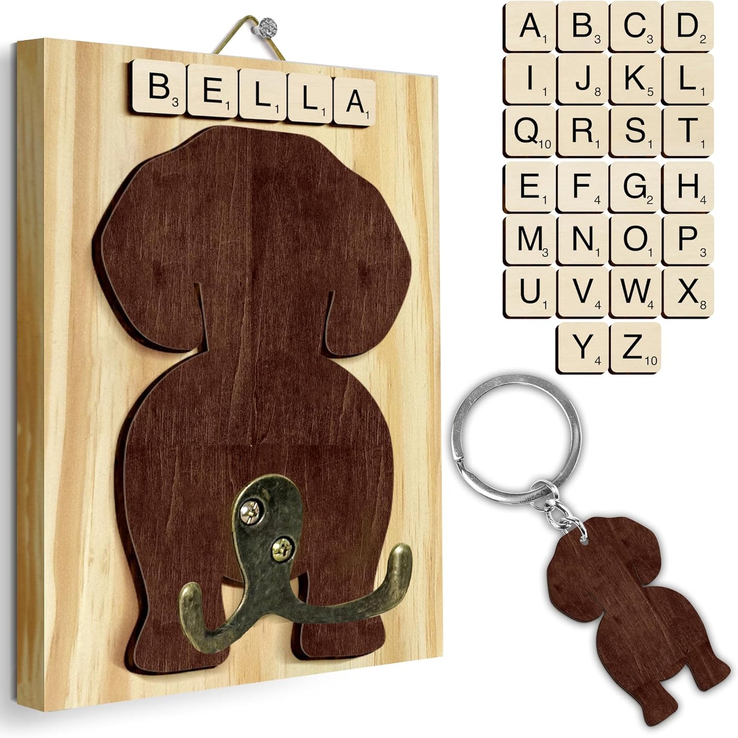 Dog Leash Holder Wall Mount, Pet Harness Hanger with Scrabble Letters, Dog Collar Organizer for Entryway, Memorial Cat Leash Holder for Wall, Pet Loss Gifts, Keepsake, Home Decor PF212-NAT