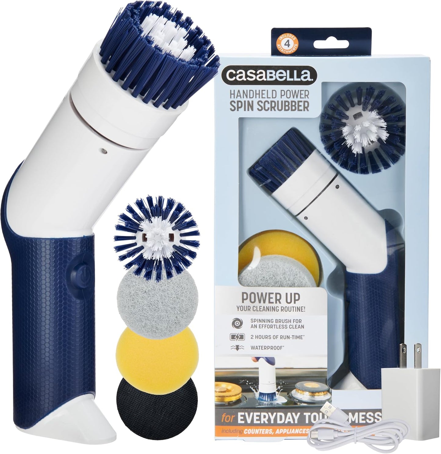 Casabella Power Spin Scrubber, Extendable to 47.5” – Cordless Electric Cleaner for Shower, Kitchen, Bathroom, Tile, Tub, Car, Deck - Rechargeable Spin Brush with Adjustable Brush Head & 4 Attachments