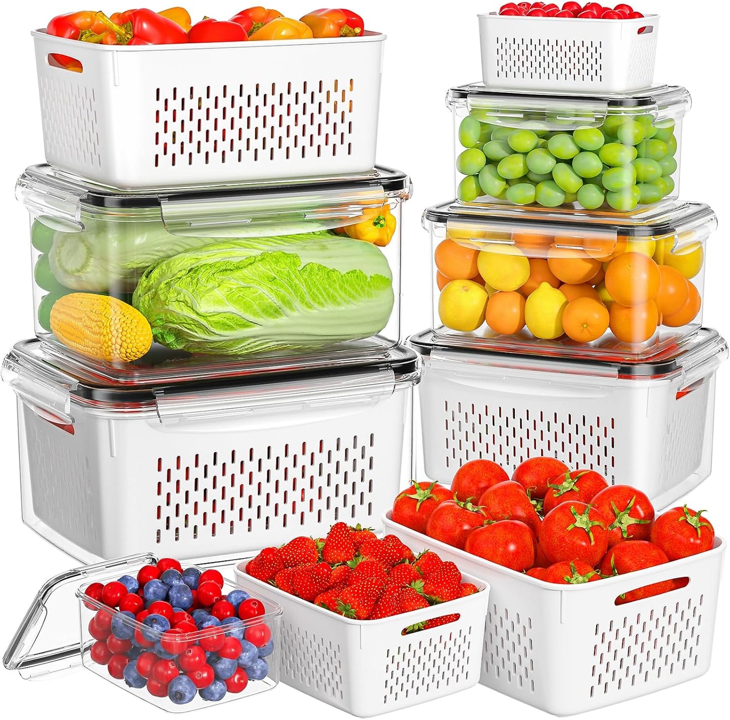 5 Pack Fruit Storage Containers for Fridge, Plastic Fruit Containers Set | with Removable Colanders, Leakproof Fridge Organizers and Storage for Berry Vegetables Salad Lettuce Meat, Dishwasher Safe