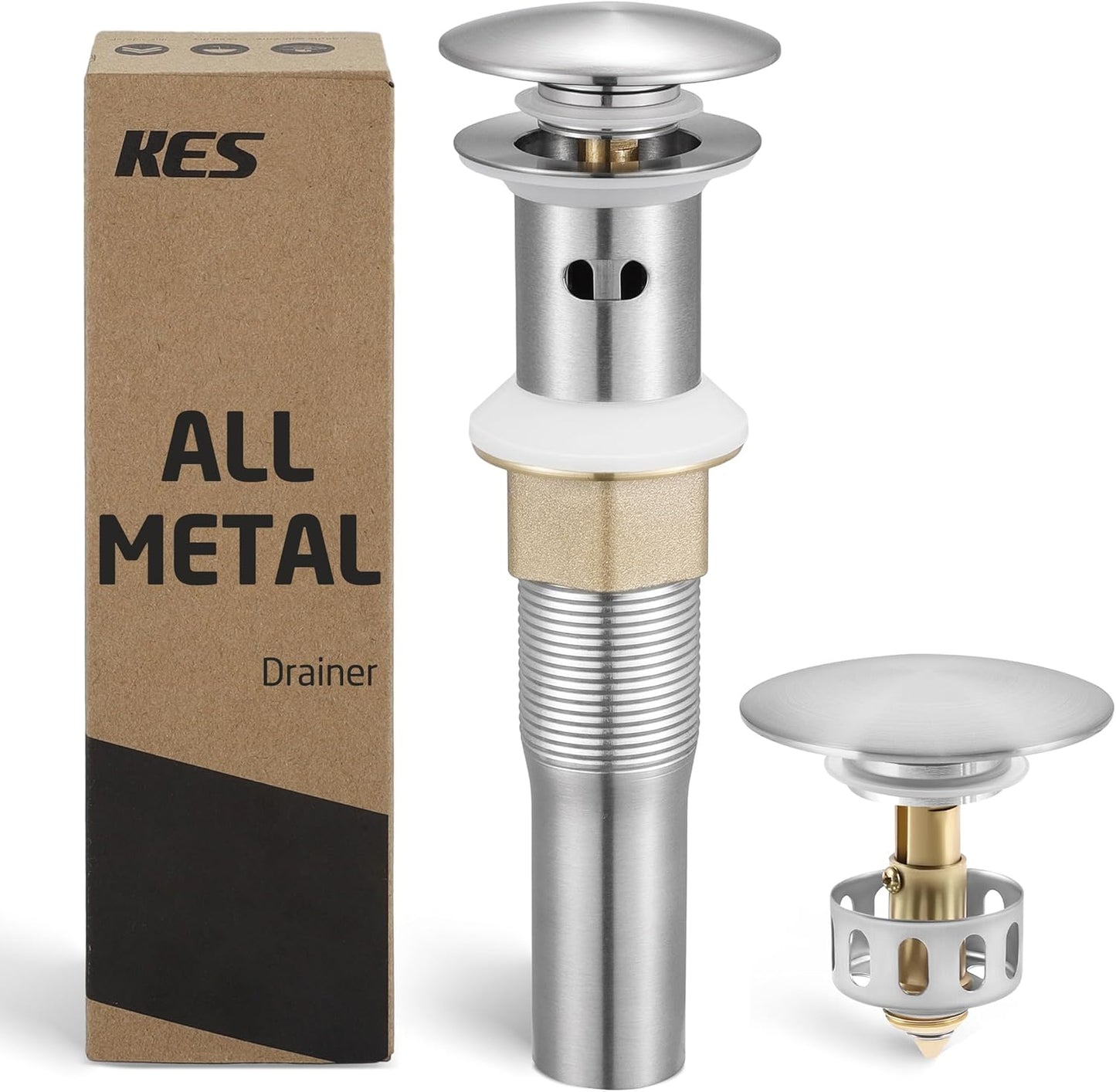 KES All Metal Bathroom Sink Drain with Strainer Basket Hair Catcher Anti Clog Pop Up Drain Stopper for Lavatory Vanity Vessel Sink with Overflow, Rustproof 18/8 Stainless Steel Matte Black S2013A-BK