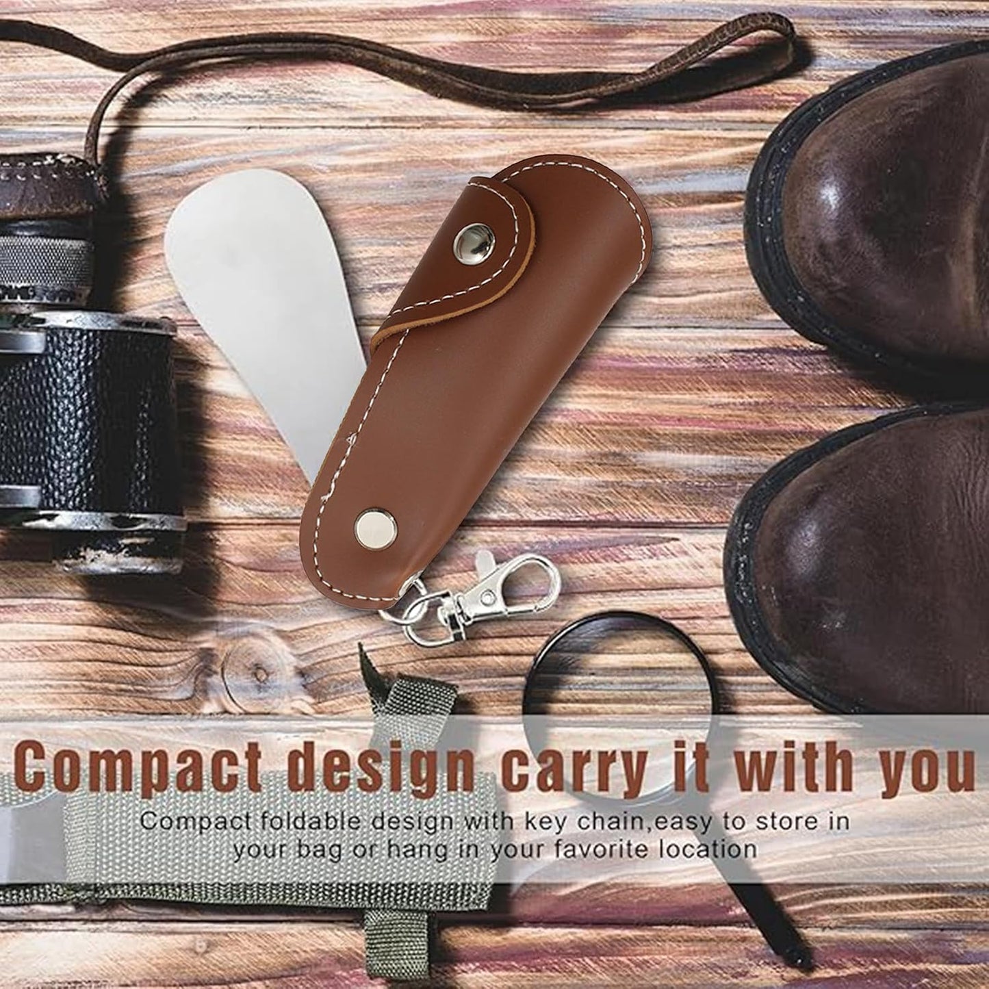 Metal Shoe Horn with Holster, 1 Pc Foldable Shoe Horn with Keychain, Travel Mini Stainless Steel Shoe Spoon