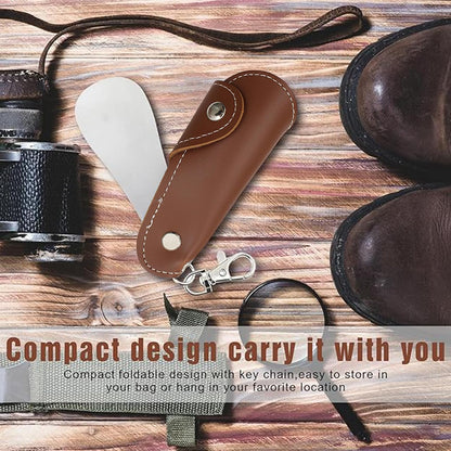 Metal Shoe Horn with Holster, 1 Pc Foldable Shoe Horn with Keychain, Travel Mini Stainless Steel Shoe Spoon