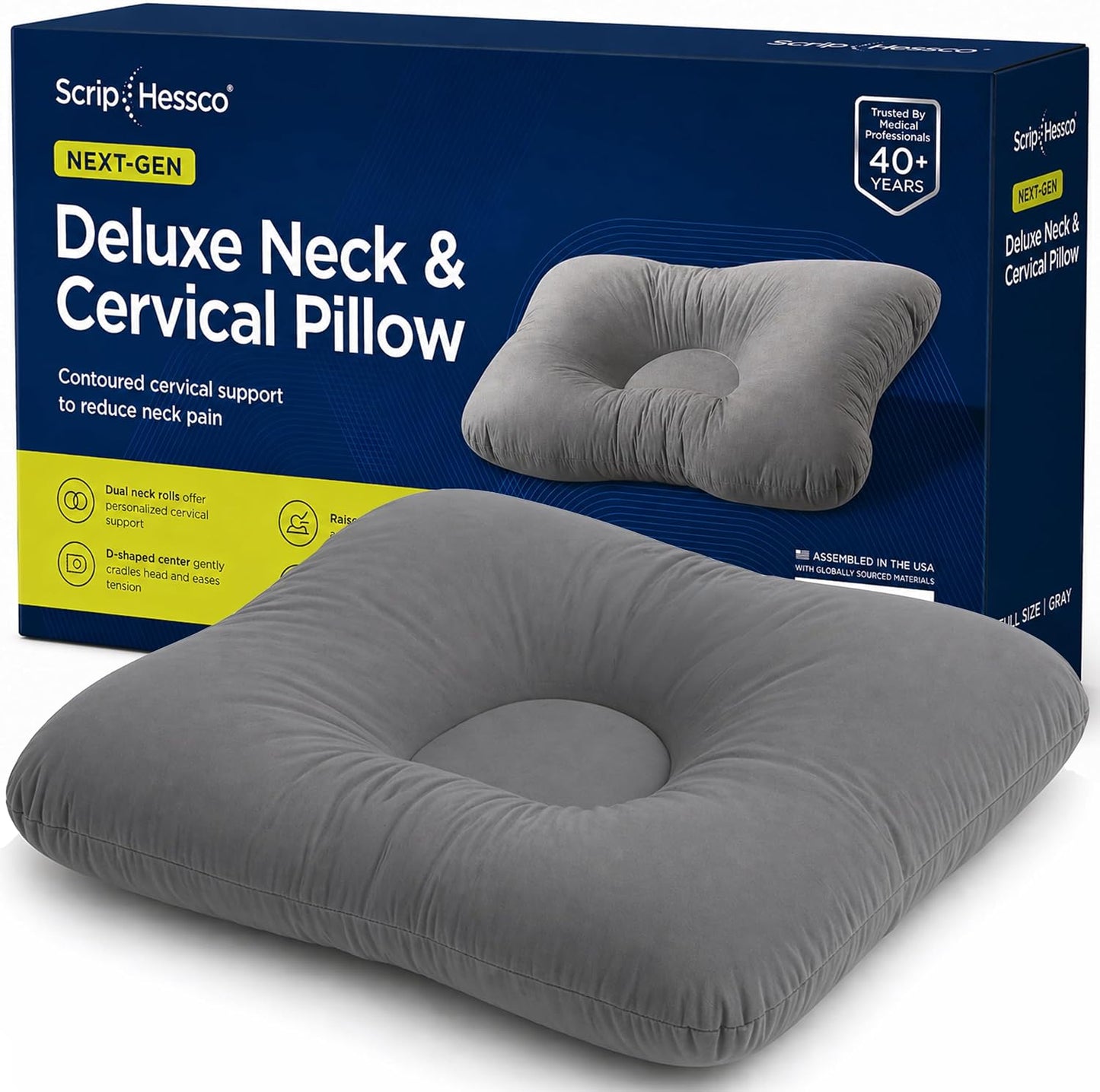 Next-GEN Deluxe Neck & Cervical Pillow – Breathable Fiber Fill D-Shaped Contour for Neck Pain & Headache Relief – Dual Roll for Back & Side Sleepers – Latex Free – Midsize 22"x15" White