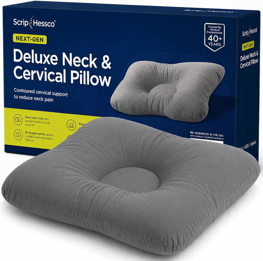 Next-GEN Deluxe Neck & Cervical Pillow – Breathable Fiber Fill D-Shaped Contour for Neck Pain & Headache Relief – Dual Roll for Back & Side Sleepers – Latex Free – Midsize 22"x15" White