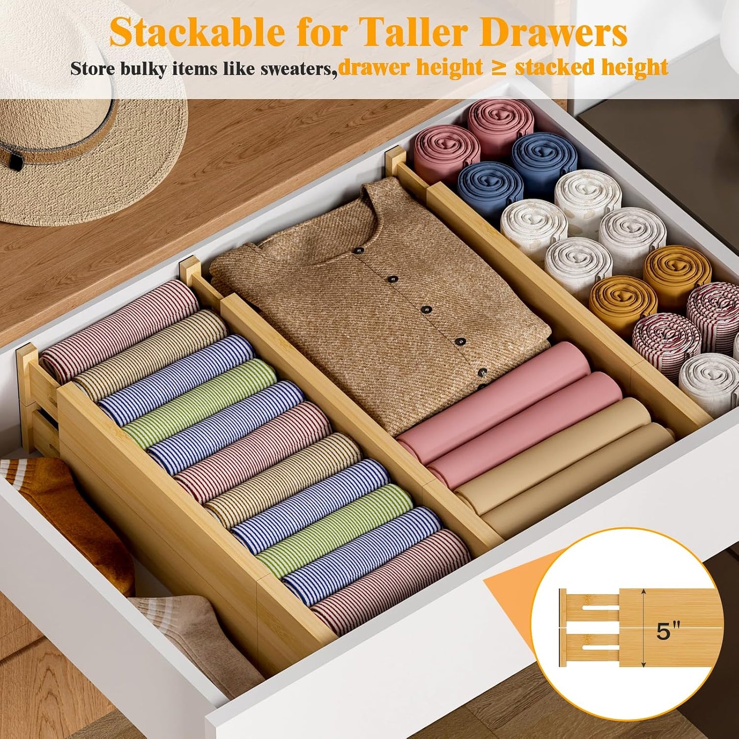 Bamboo Drawer Dividers, 12-21 Inch Kitchen Adjustable Drawer Organizers | Expandable Dresser Separators for Clothes, Ideal for Kitchen, Bathroom, Vanity, Office Organization and Storage, 4-Pack