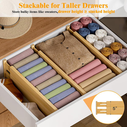 Bamboo Drawer Dividers, 12-21 Inch Kitchen Adjustable Drawer Organizers | Expandable Dresser Separators for Clothes, Ideal for Kitchen, Bathroom, Vanity, Office Organization and Storage, 4-Pack