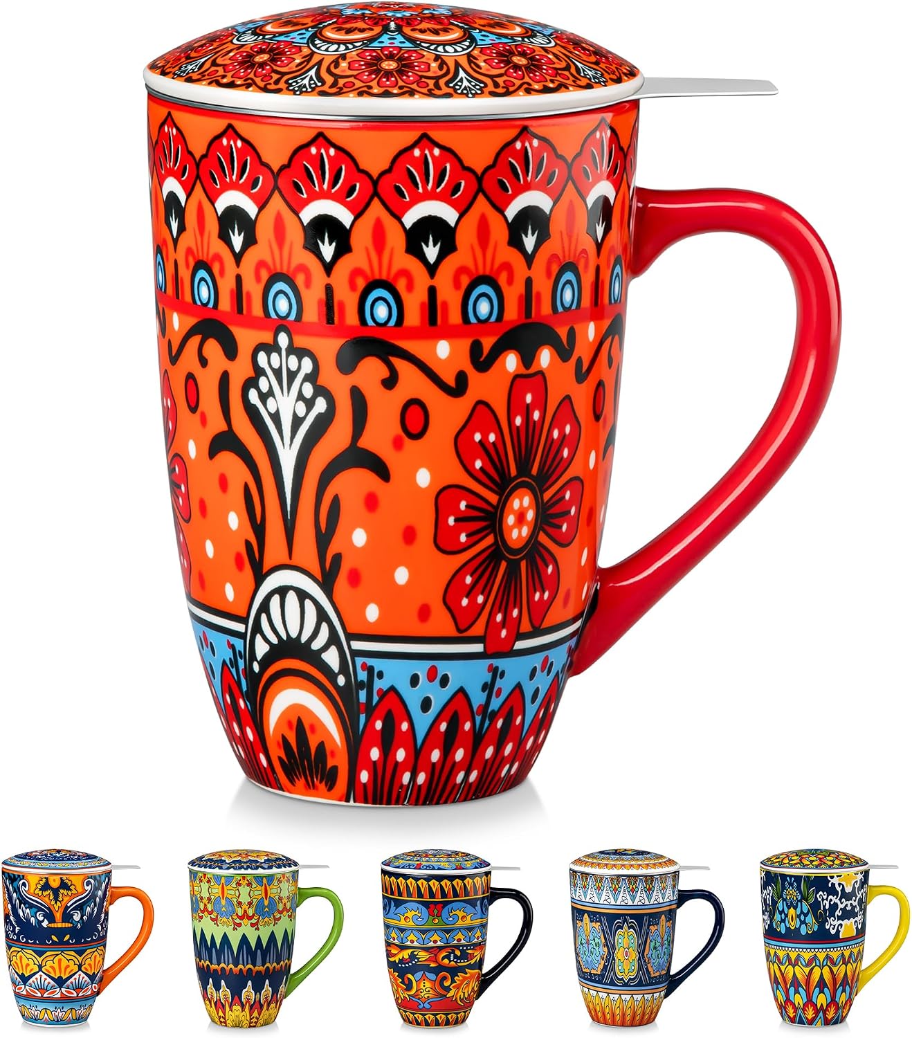 vancasso 18 Oz Tea Infuser Mug with Lid, Mint Petal Whirl | Eye catching Bohemian pattern, adds charm to any tea corner, ceramic mug with infuser, microwave and dishwasher safe