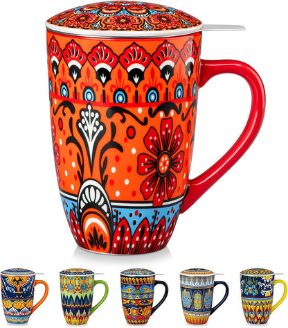 vancasso 18 Oz Tea Infuser Mug with Lid, Mint Petal Whirl | Eye catching Bohemian pattern, adds charm to any tea corner, ceramic mug with infuser, microwave and dishwasher safe