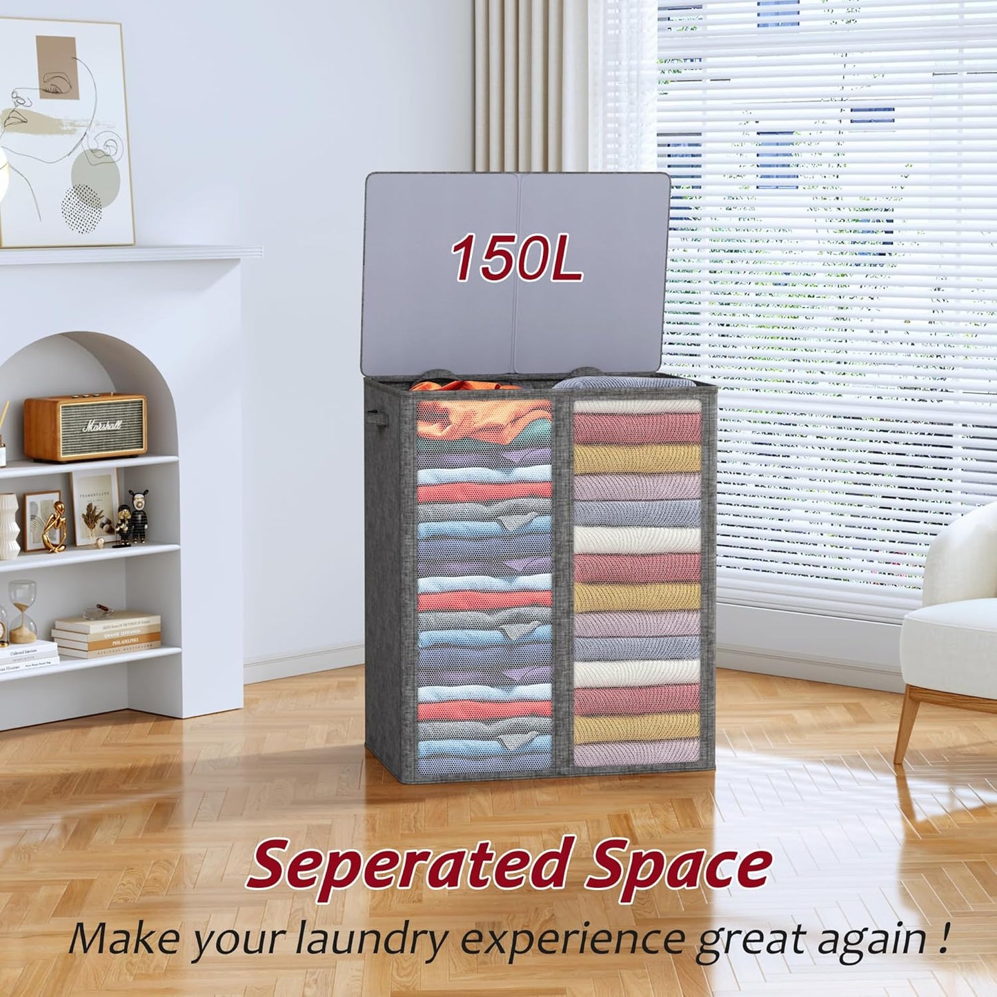 195L Laundry Hamper 3 Section,Large Laundry Hamper with Lid,Dirty Clothes Hamper with 3 Inner Bags,Collapsible Laundry Basket Organizer for Laundry Room,Bedroom,Laundry Sorter Hamper 3 Compartment