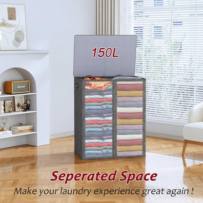 195L Laundry Hamper 3 Section,Large Laundry Hamper with Lid,Dirty Clothes Hamper with 3 Inner Bags,Collapsible Laundry Basket Organizer for Laundry Room,Bedroom,Laundry Sorter Hamper 3 Compartment