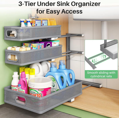 Kitstorack Under Sink Organizer, 2-Pack 3-Tier Height Adjustable Thickened Metal Pull out Cabinet Organizer Shelf, Slide out Storage Drawer Rack for Bathroom Kitchen Pantry Home Laundry Organization