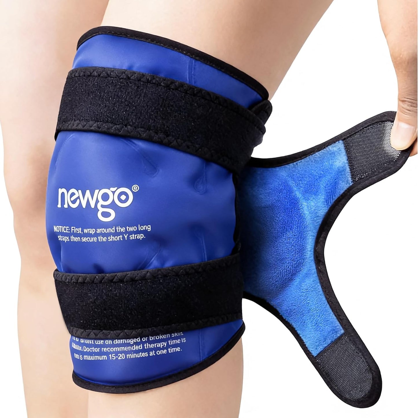 NEWGO Knee Ice Pack Wrap, 360° Full Wrap, Blue | Y-shaped Strap Stays Put, Reusable for Knee Replacement, ACL, Arthritis, Swelling, and Sports Injuries, 21.7" x 9.8"