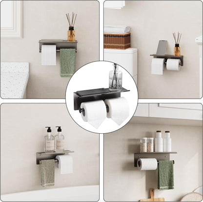 Black Toilet Paper Roll Holder with Shelf Wall Mounted for Bathroom (Black, Double Head)