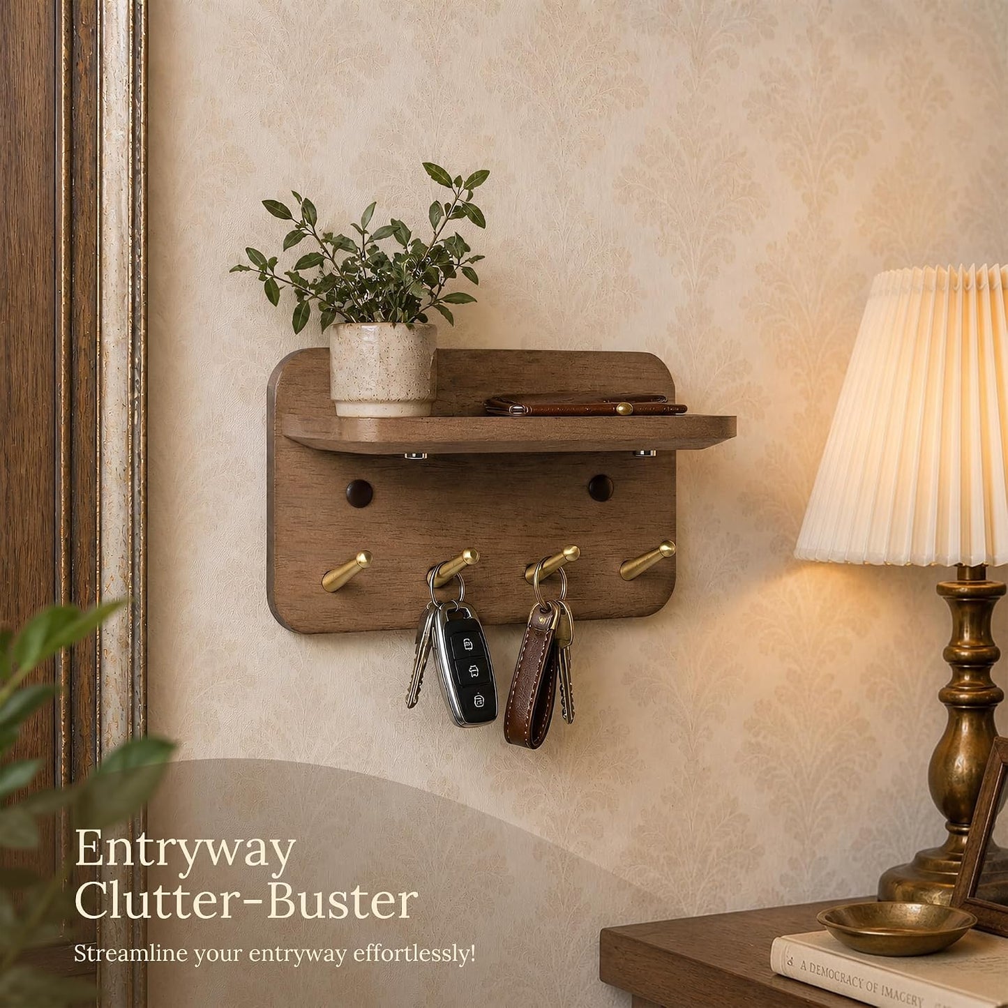 Key Holder Wall Mount, Solid Wood Key Holder for Wall with 4 Brass Hooks & Hidden Magnets, 15° Incline Hooks & Grooved Design to Prevent Slipping, Vintage Brown Key Hanger