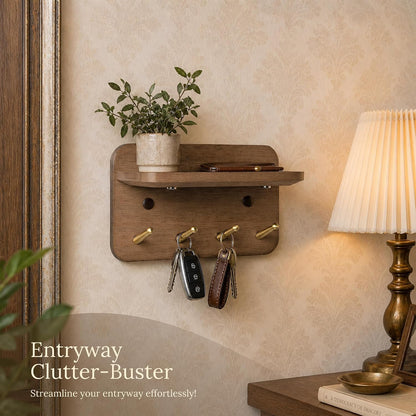 Key Holder Wall Mount, Solid Wood Key Holder for Wall with 4 Brass Hooks & Hidden Magnets, 15° Incline Hooks & Grooved Design to Prevent Slipping, Vintage Brown Key Hanger