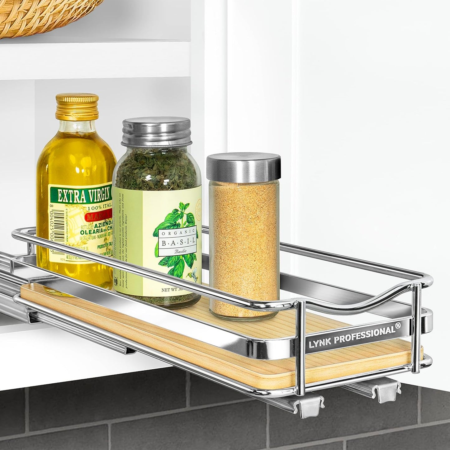 LYNK PROFESSIONAL® Pull Out Spice Organization for Cabinets - 4-3/8 inch Wide – Spice Rack for Inside Cabinets, Slide Out Spice Rack Organizer for cabinet – Pull Out Spice Rack, Sliding 2 Tier Chrome
