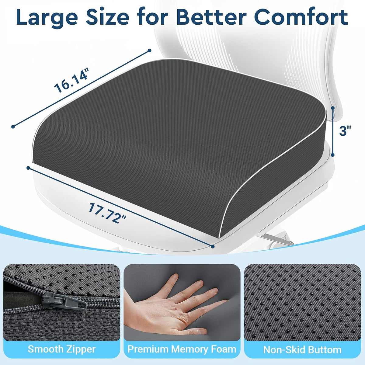 Seat Cushion, Memory Foam Office Chair Cushion, Black, Large