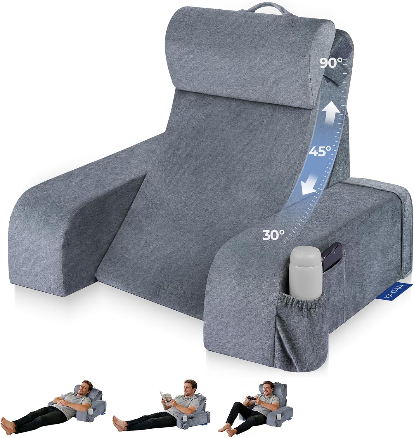 Kayfia Reading Pillow, 30-90° Stepless Adjust Angle & Height, Large, Grey | 2 in 1 Back Wedge Pillow for Bed Sitting up, Adjustable Headrest, Backrest Pillow for Reading/Gaming/Working in Bed or Couch