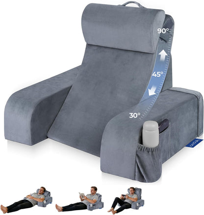 Kayfia Reading Pillow, 30-90° Stepless Adjust Angle & Height, Large, Grey | 2 in 1 Back Wedge Pillow for Bed Sitting up, Adjustable Headrest, Backrest Pillow for Reading/Gaming/Working in Bed or Couch