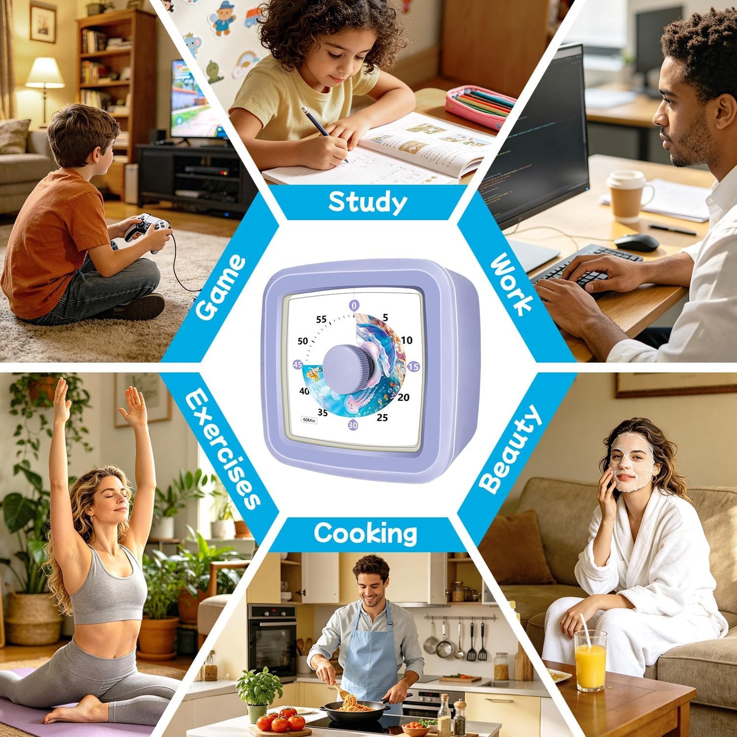 Kids Visual Timer 60 Minute – Countdown Clock for Homework, Kitchen Timer for Cooking, Silent Mini Timer with Cute Mermaid Shell Pattern, Gift Timers for Kids Focus & Daily Routines, Purple