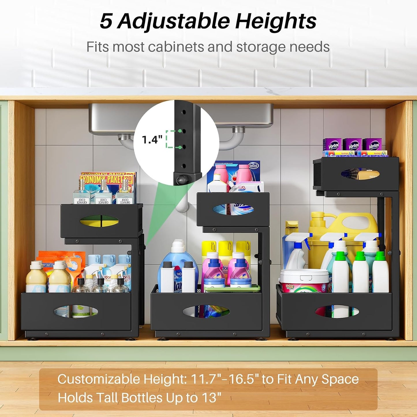 Under Sink Organizer, 2-Pack Pull Out Cabinet Organizer 2 Tier Metal Slide Out Storage Shelf Rack, L-Shaped Adjustable Height,Mesh Sliding Drawer for Kitchen, Bathroom, Laundry, Pantry, White, XL