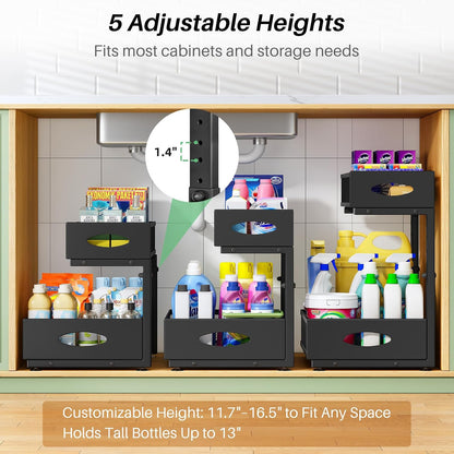 Under Sink Organizer, 2-Pack Pull Out Cabinet Organizer 2 Tier Metal Slide Out Storage Shelf Rack, L-Shaped Adjustable Height,Mesh Sliding Drawer for Kitchen, Bathroom, Laundry, Pantry, White, XL