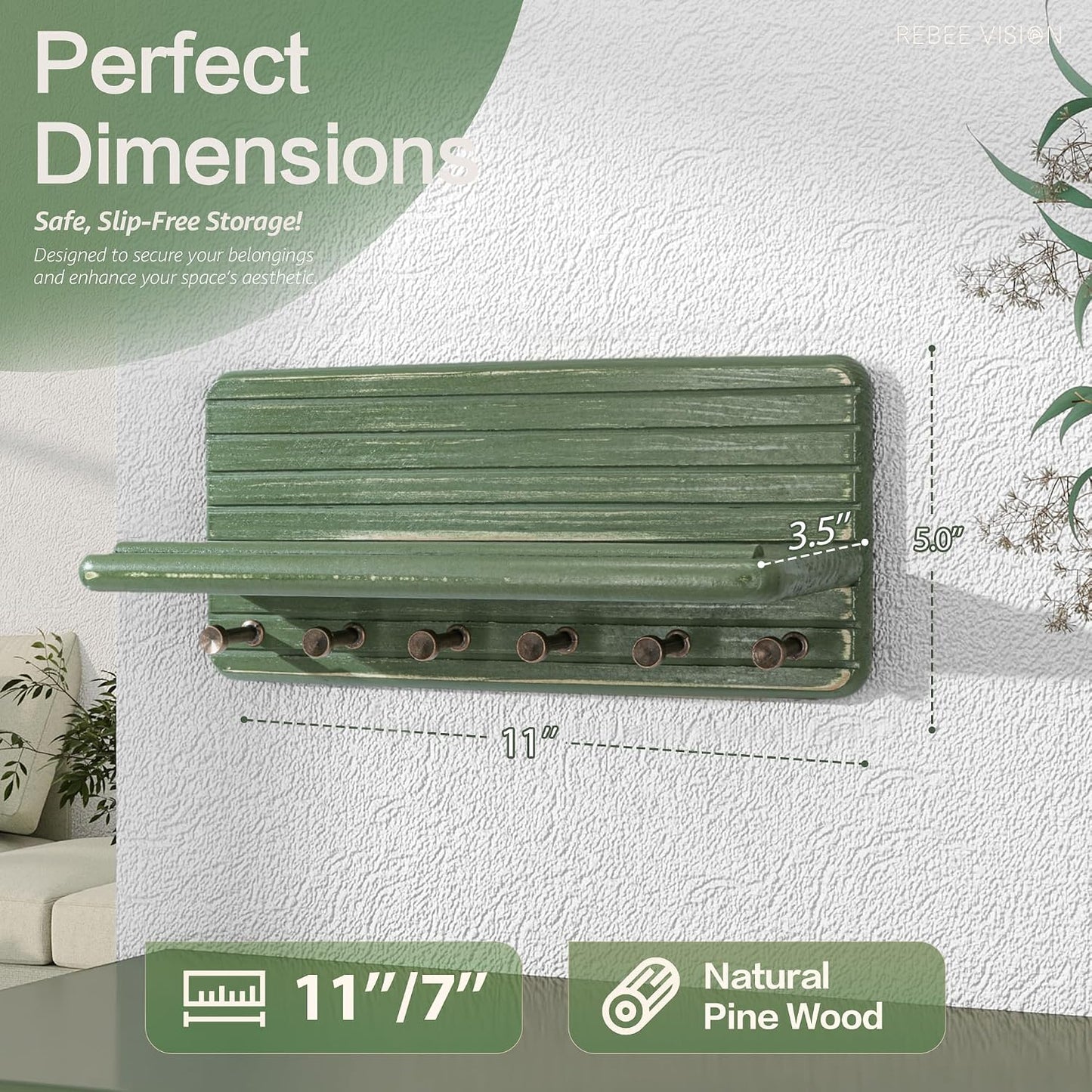 Rebee Vision Pine Wood Key Holder Wall Mount with Shelf for Entryway, Brown | 6 Key Hooks, Round Corner, Smooth&Hand-Friendly, Clear Wood Texture, Space-Saving Design, Organize Mail & Letter