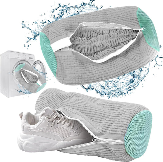 Shoe Washing Bag for Washing Machine, Shoe Laundry Bag For Washer And Dryer, Fluffy Fibers 360° Wrap-around Cleaning, Reusable Washer Shoe Bag For Sneaker Gym Shoes and All Shoe Types (Gray)