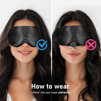 LitBear 100% 22 Momme Mulberry Silk Sleep Mask - 3D Contoured Eye Mask for Men & Women, Soft Breathable Sleeping Mask with Adjustable Strap, Perfect Blocks Light for Sleeping (Black)