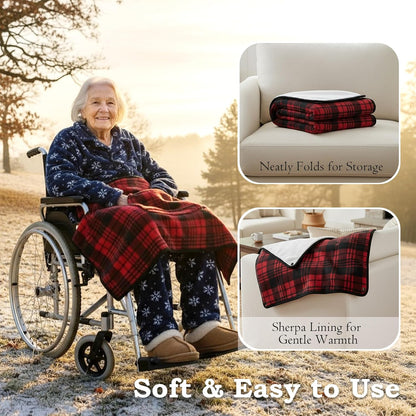 Wheelchair Lap Blanket for Seniors, 43" * 28" Soft Sherpa Lined Knee & Lap Cover, Warm Lightweight Throw with Snap Buttons, Cozy Comfort for Elderly & Caregivers, Wine Red