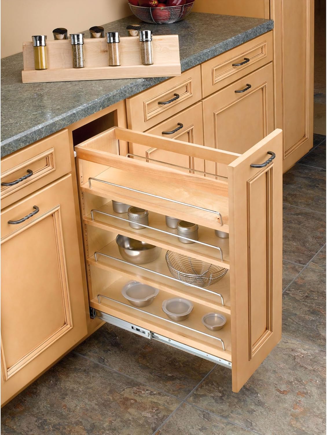 Rev-A-Shelf Pullout Kitchen Cabinet Organizer, Min Cabinet Opening 5.5" W | 5" W Slide Out Pantry Spice or Utensil Storage Rack with Adjustable Shelves for Base Cabinet Organization, 448-BC-5C
