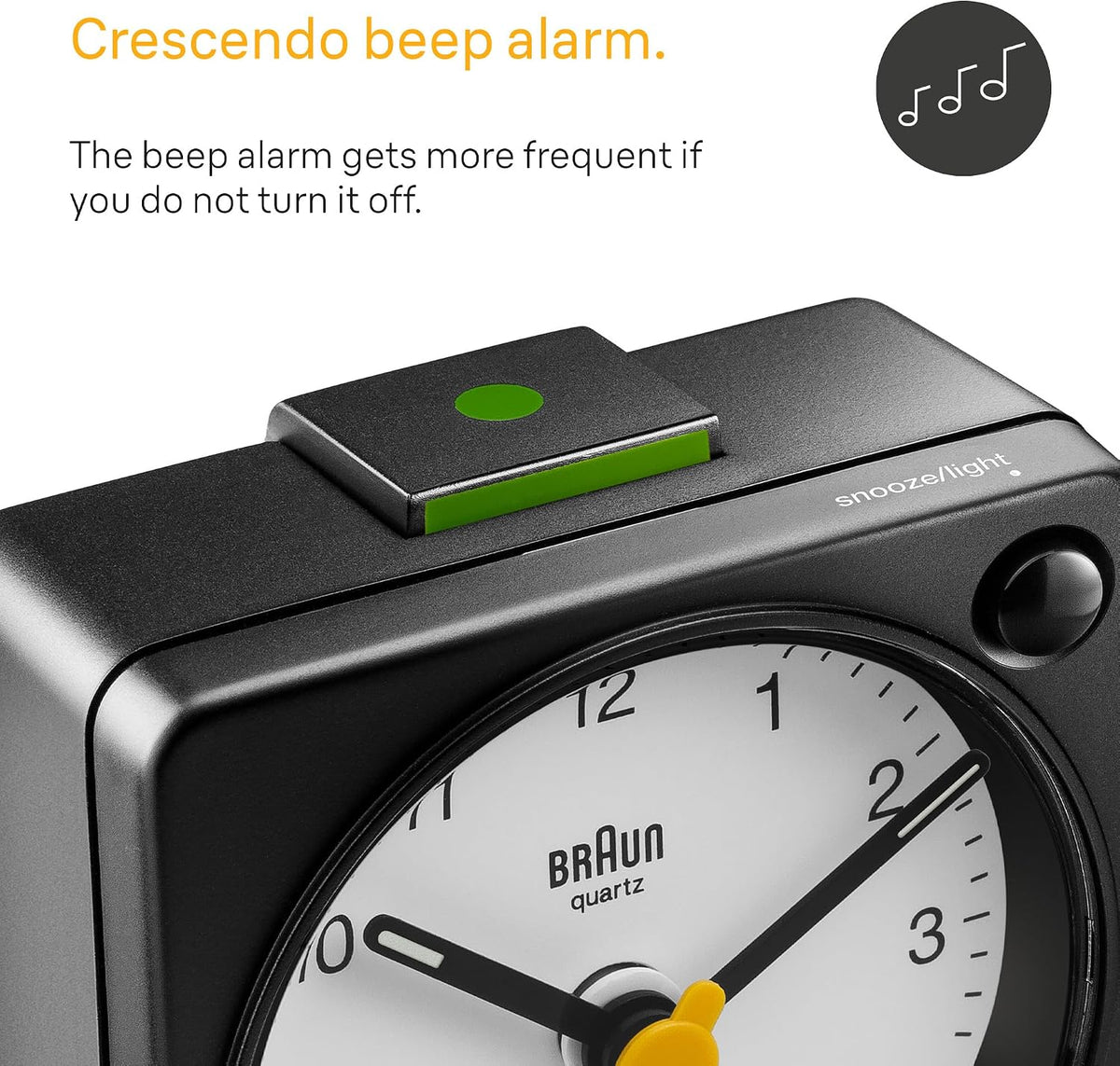 Braun Classic Travel Analogue Alarm Clock with Snooze and Light, Compact Size, Quiet Quartz Movement, Crescendo Beep Alarm in Black and White, Model BC02XBW.