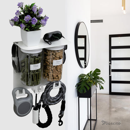 Dog Leash Holder for Wall with Shelf — Wall Mounted Dog Treat Holder & Station, 2 Airtight 32oz Treat Containers, 9 Hooks, Patented Lidless Slide-to-Seal Jars, Solid Steel, Made in USA