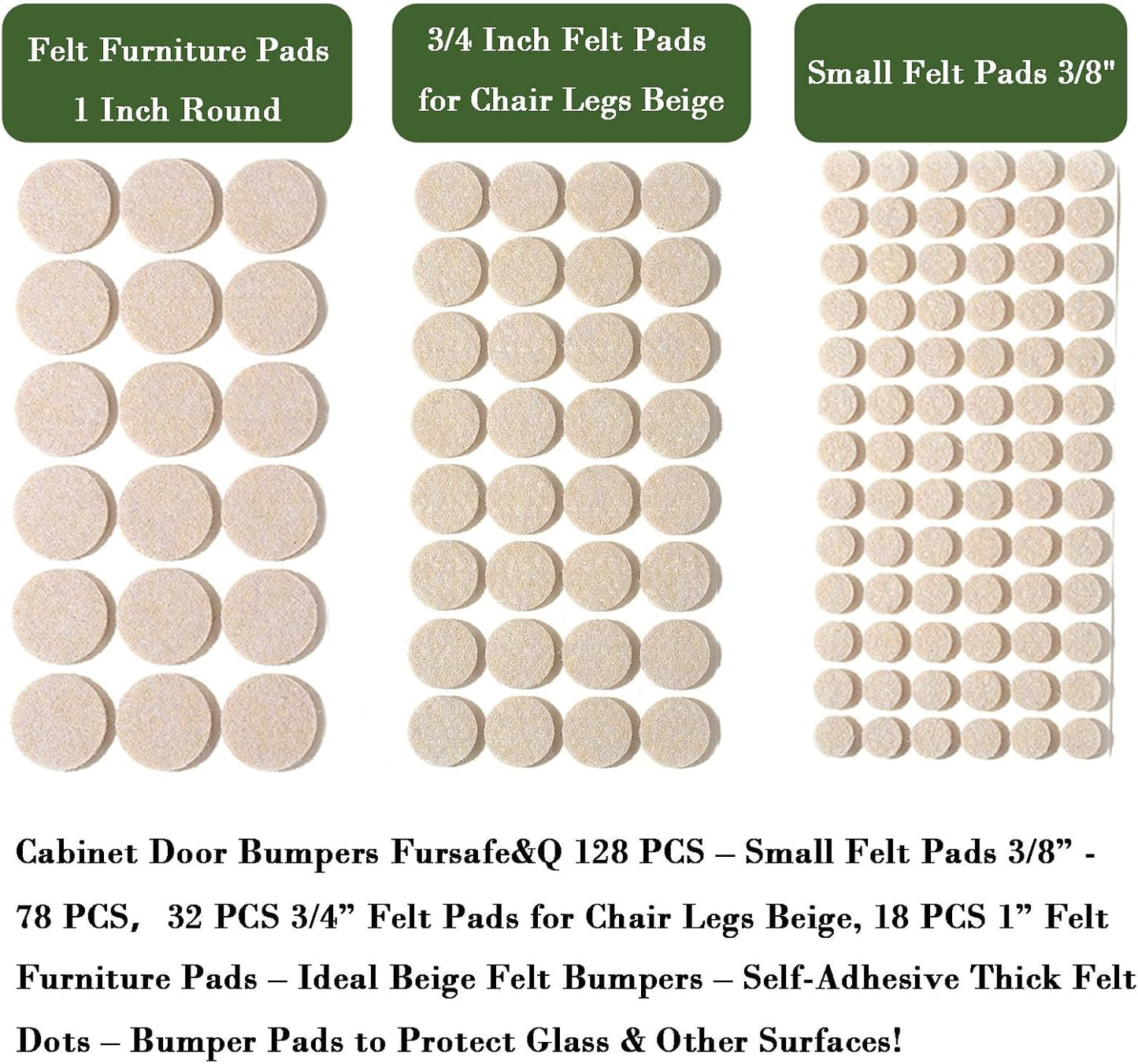 Fursafe&Q Felt Furniture Pads, Furniture Felt Pads for Hardwood Floors -Self Adhesive Chair Leg Floor Protectors, Protect Your Floors from Nicks, Bumps and Scratch,96 Pcs Round Cabinet Door Bumper