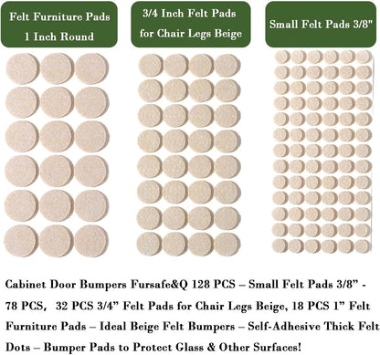 Fursafe&Q Felt Furniture Pads, Furniture Felt Pads for Hardwood Floors -Self Adhesive Chair Leg Floor Protectors, Protect Your Floors from Nicks, Bumps and Scratch,96 Pcs Round Cabinet Door Bumper
