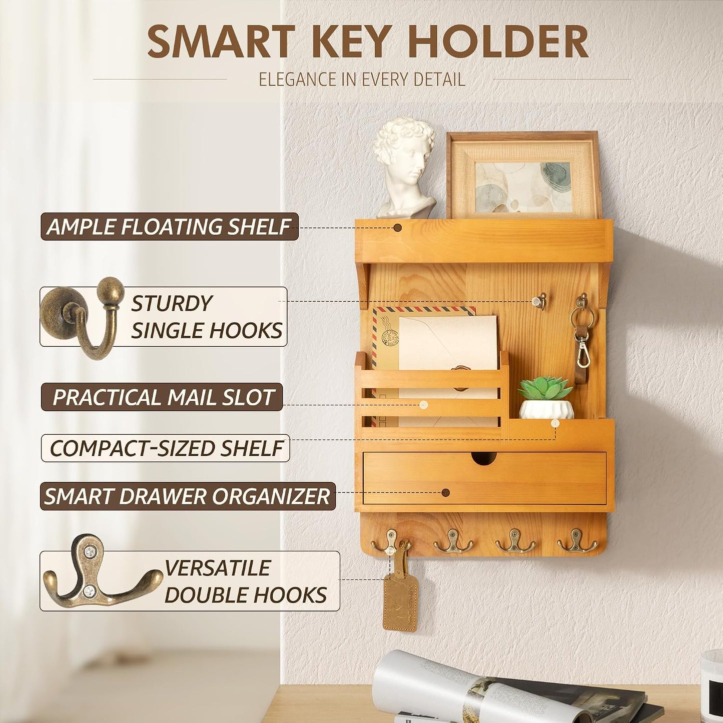 Rebee Vision Key Holder Wall Mount with Drawer Organizer for Entryway,Brown | Pine Wood, 6 Key Hooks, Display Shelf for Plants, Mail Slot for Storage Letter, Multi-Funtional Design, Home Storage