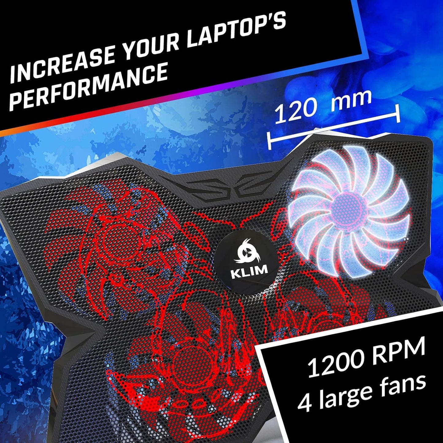 KLIM Wind Laptop Cooling Pad - More Than 500 000 Units Sold - New Version - The Most Powerful Rapid Action Cooling Fan - Laptop Stand with 4 Cooling Fans at 1200 RPM - USB Fan - PS5 PS4 - RGB
